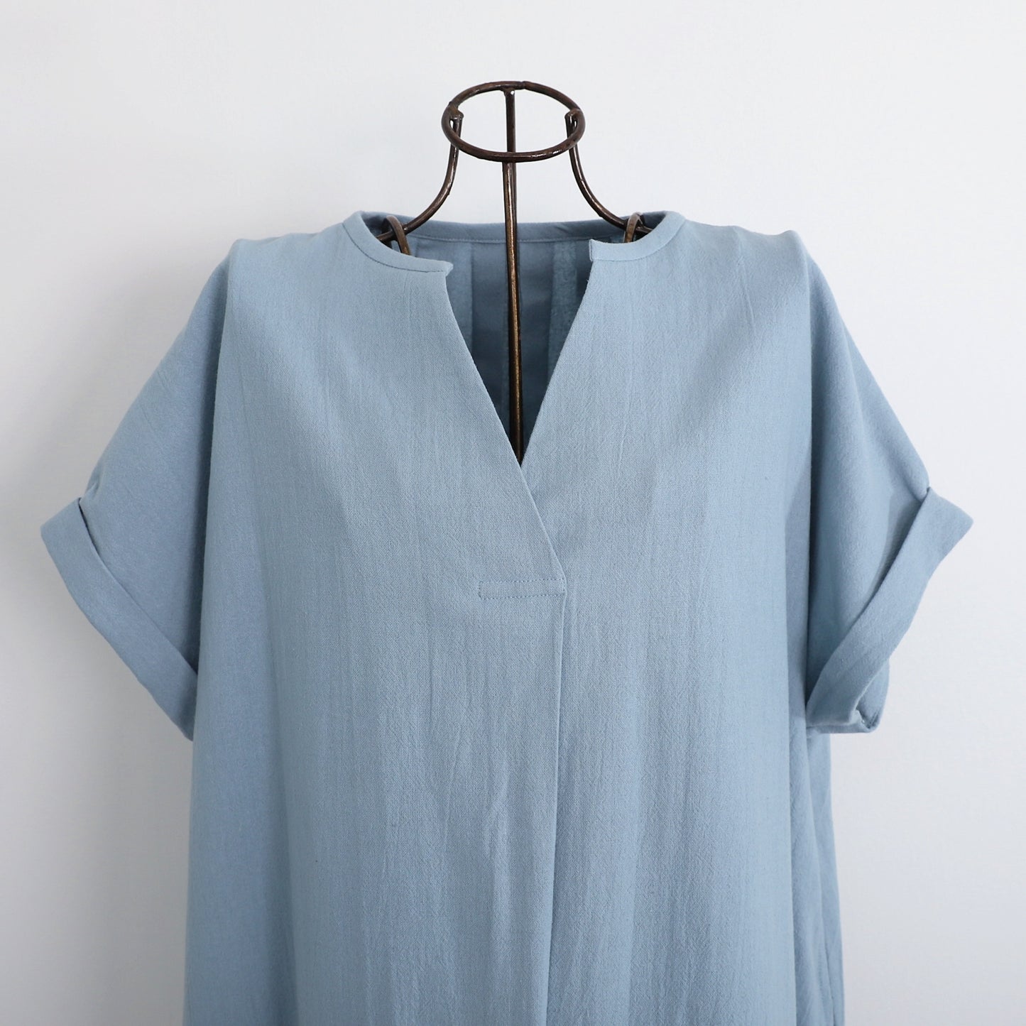 [Length adjustable] Cotton key neck dress, ice blue, 0583I.BL 