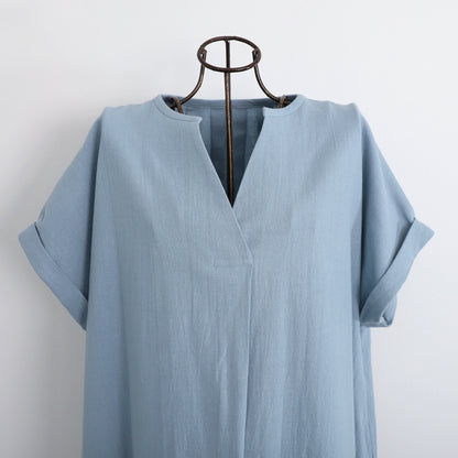 [Length adjustable] Cotton key neck dress, ice blue, 0583I.BL 