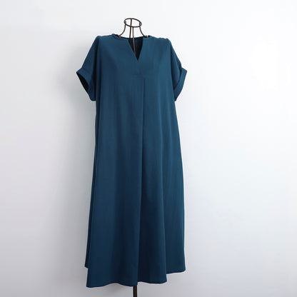 [Length adjustable] Cotton key neck dress, navy 0583NV 