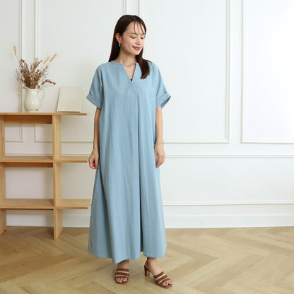 [Length adjustable] Cotton key neck dress, ice blue, 0583I.BL 