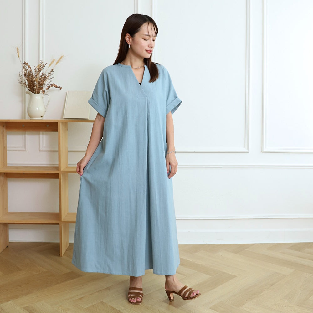 [Length adjustable] Cotton key neck dress, ice blue, 0583I.BL 