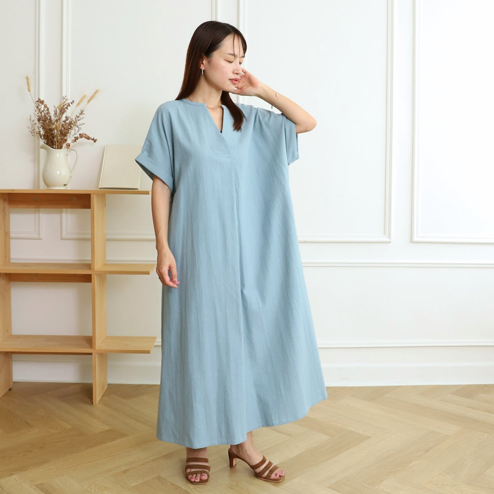 [Length adjustable] Cotton key neck dress, ice blue, 0583I.BL 