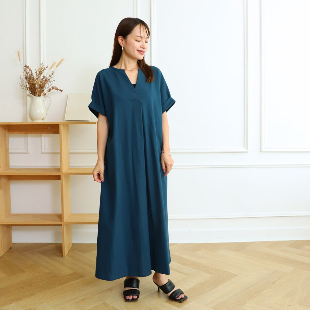 [Length adjustable] Cotton key neck dress, navy 0583NV 