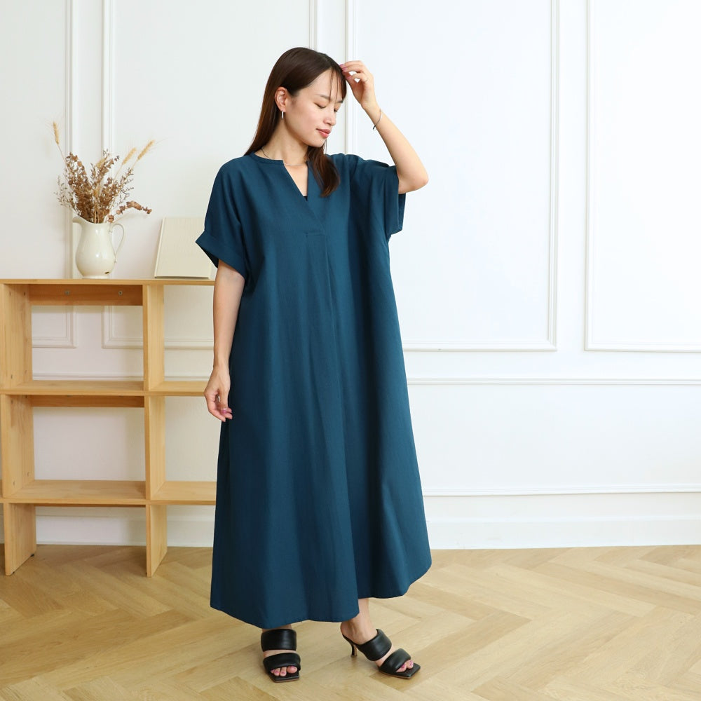 [Length adjustable] Cotton key neck dress, navy 0583NV 