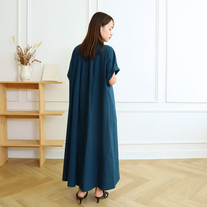 [Length adjustable] Cotton key neck dress, navy 0583NV 