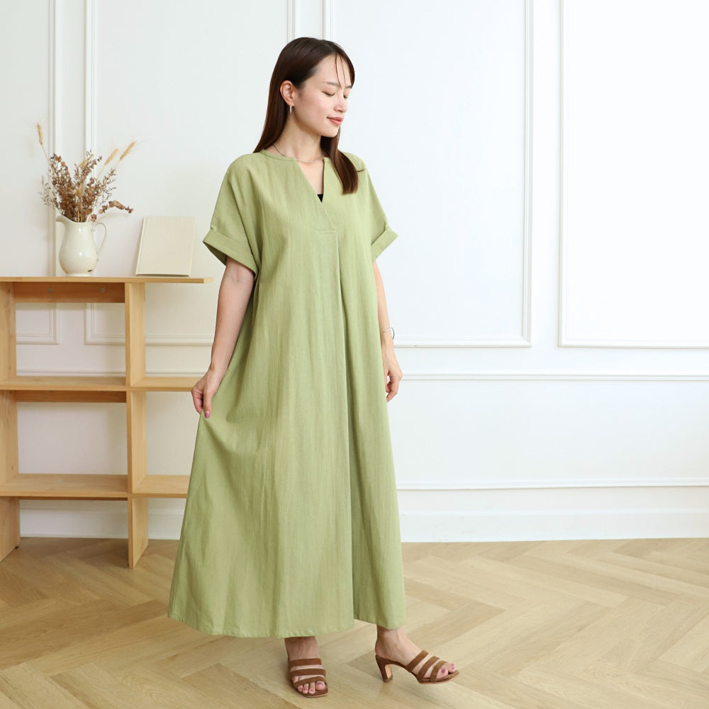 [Length adjustable] Cotton key neck dress, pistachio 0583PT 