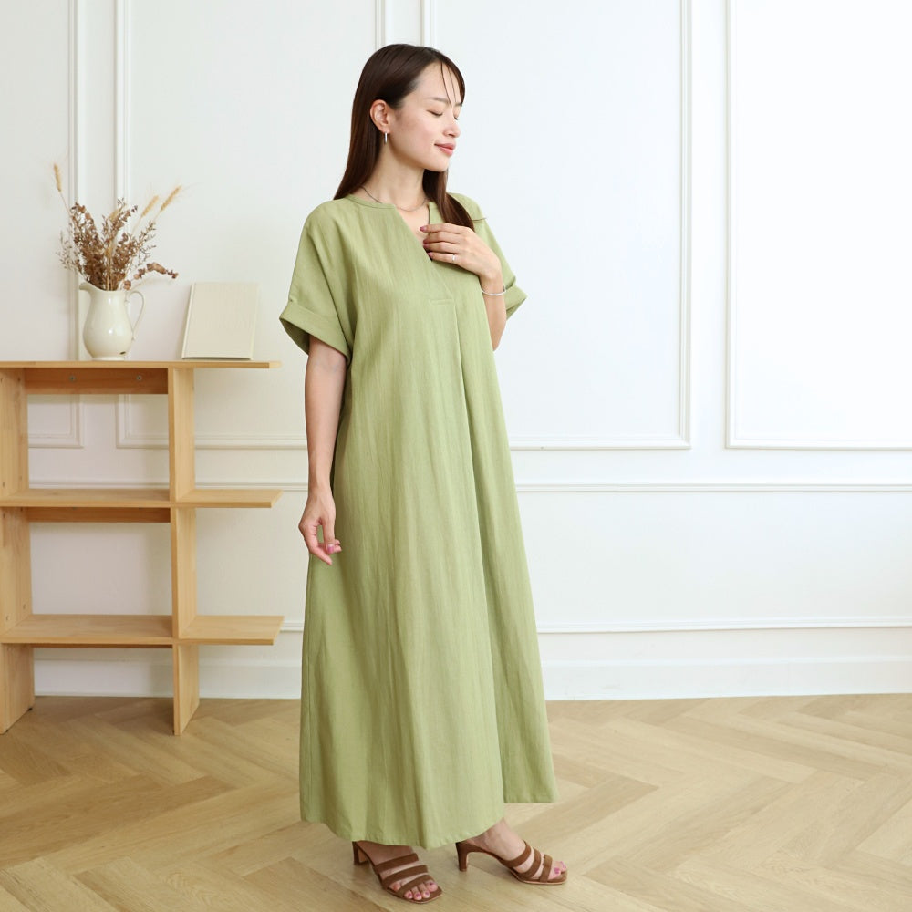 [Length adjustable] Cotton key neck dress, pistachio 0583PT 