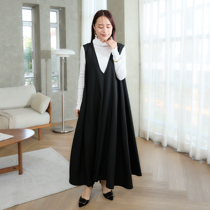 [Length adjustable] Back gathered layered dress, black, 0665BK