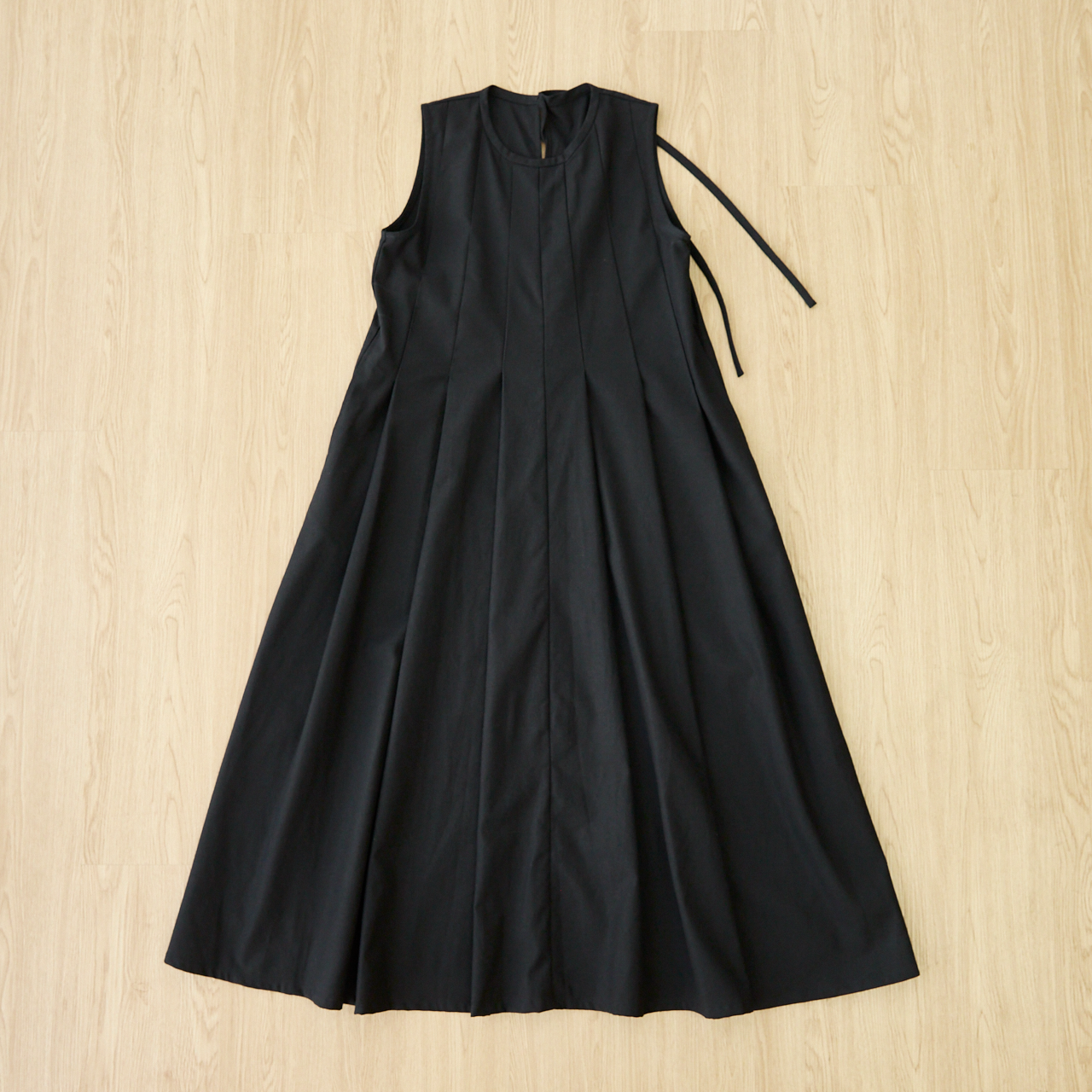 [Length adjustable] Cotton linen pleated flare dress, black, 0648BK 