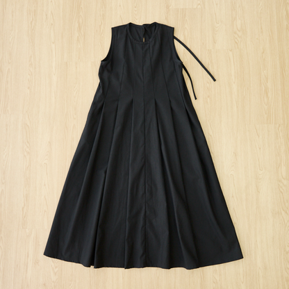 [Length adjustable] Cotton linen pleated flare dress, black, 0648BK 