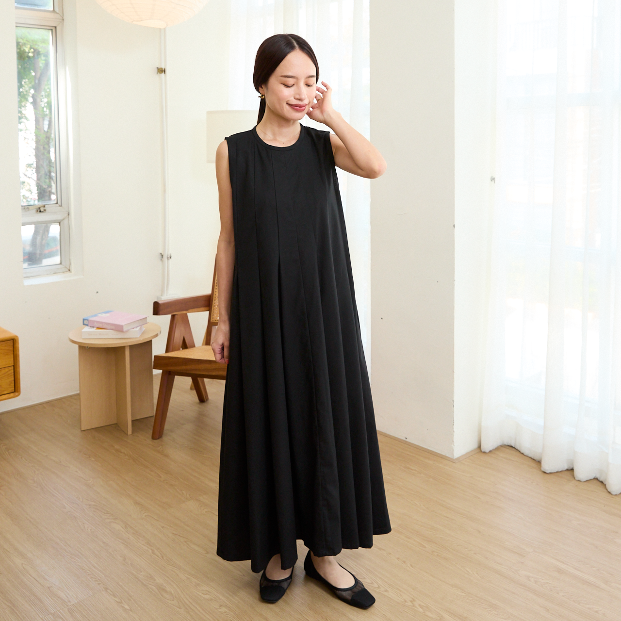 [Length adjustable] Cotton linen pleated flare dress, black, 0648BK 