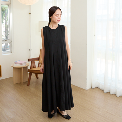 [Length adjustable] Cotton linen pleated flare dress, black, 0648BK 