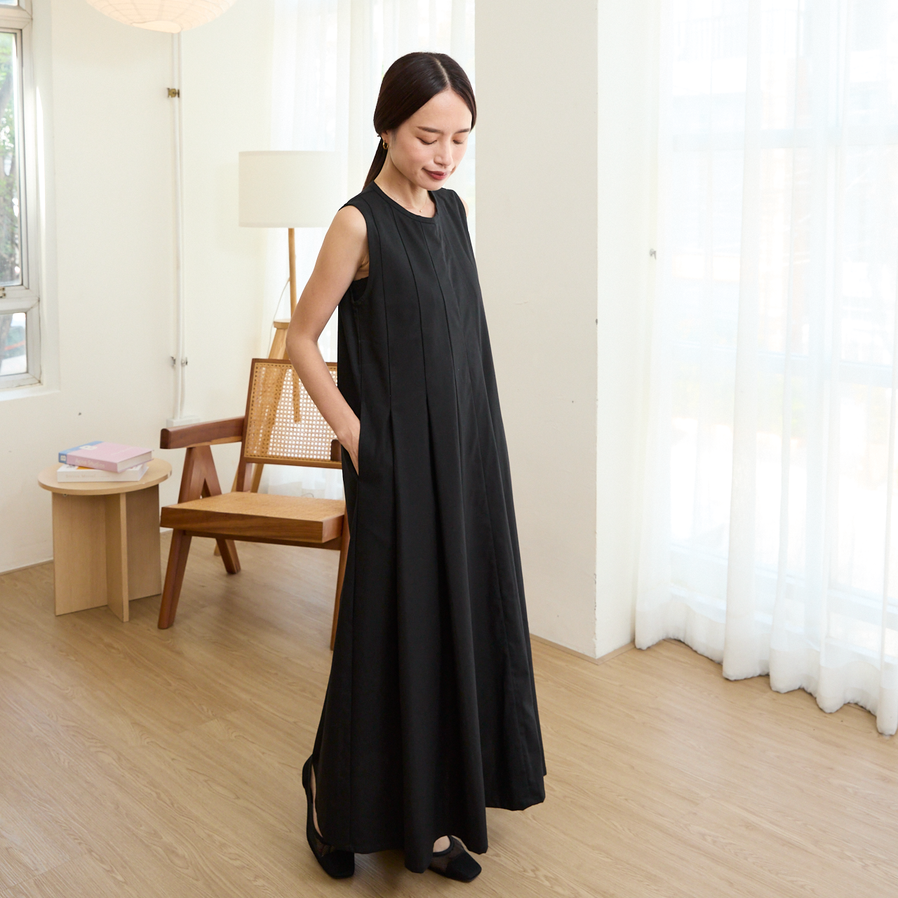 [Length adjustable] Cotton linen pleated flare dress, black, 0648BK 