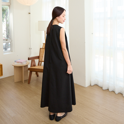 [Length adjustable] Cotton linen pleated flare dress, black, 0648BK 